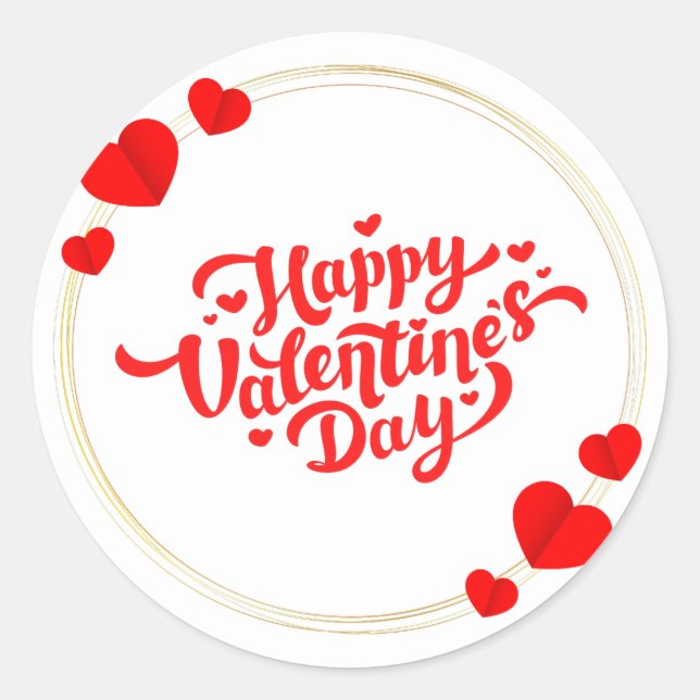 Red Gold Illustrated Modern Happy Valentine's Day  Classic Round Sticker (Front)