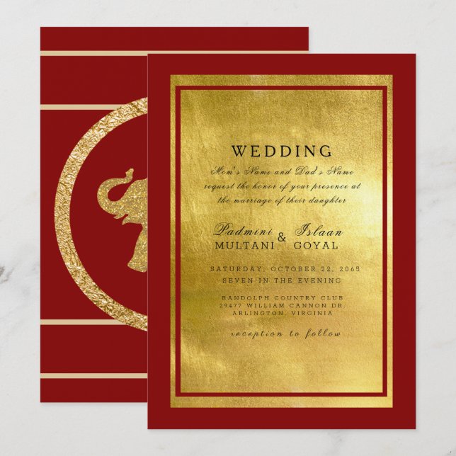 Red & Gold Indian Elephant Wedding Invitation (Front/Back)