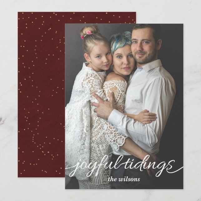 Red Gold Joyful Tidings Script Custom Photo Holiday Card (Front/Back)