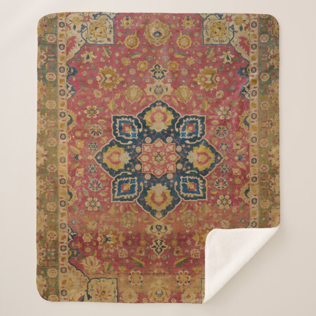 Red Gold Kashan Carpet Rug Persian Asian Sherpa Blanket (Front)