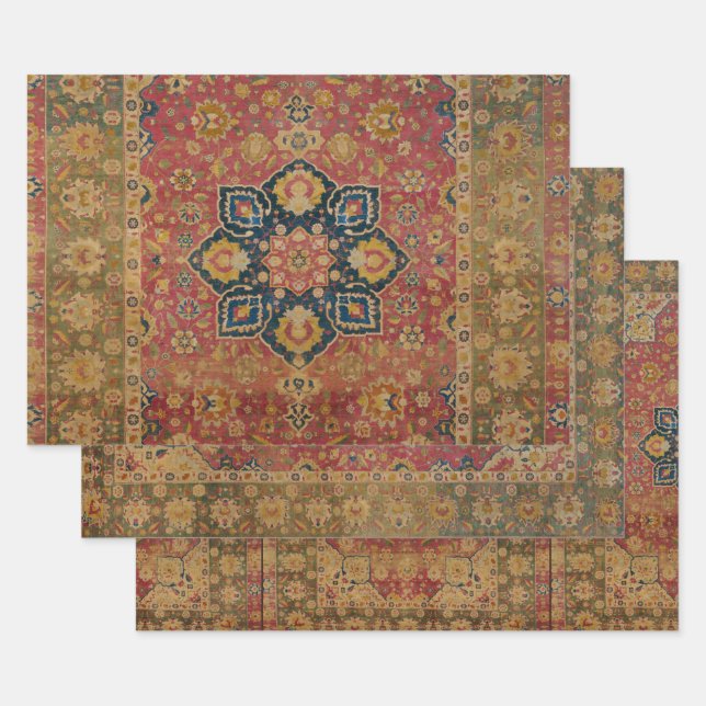 Red Gold Kashan Carpet Rug Persian Asian Wrapping Paper Sheet (Set)