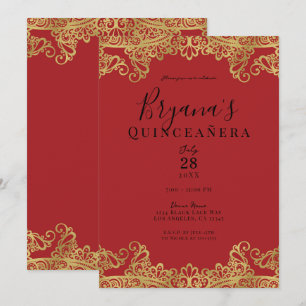 Red & Gold Lace Elegant Quinceañera Party  Invitation