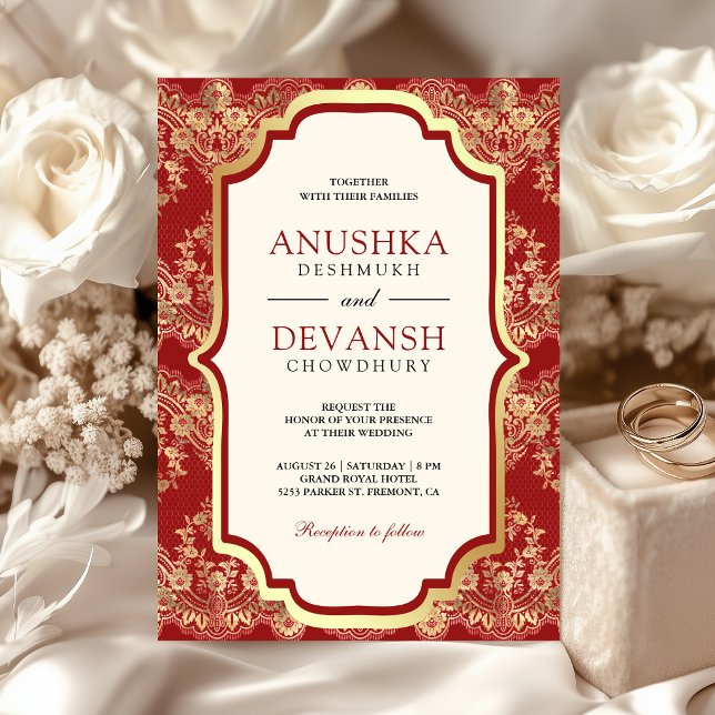 Red Gold Lace Indian Wedding Invitation (Creator Uploaded)