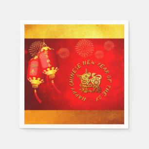 Red Gold Lanterns Chinese Ox paper-cut 2021 PN Napkin