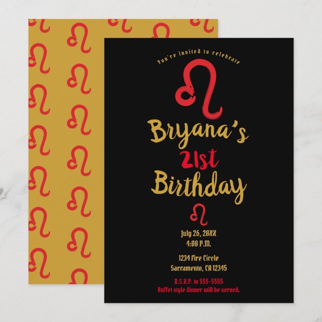 Red Gold LEO Zodiac Astrology July August Birthday Invitation (Front/Back)
