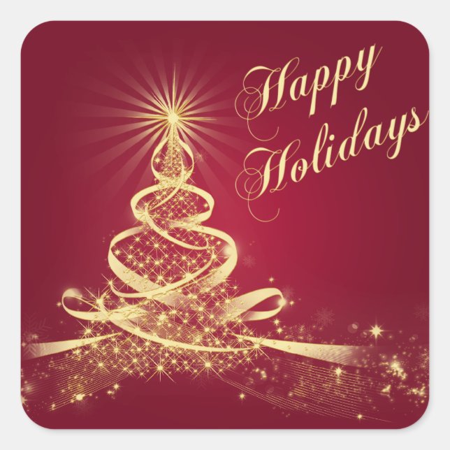 Red, Gold  Lighted Tree Happy Holidays Sticker (Front)