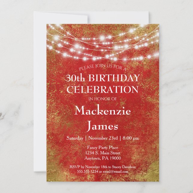 Red Gold Lights Anniversaire Fête Invitation Adult (Devant)