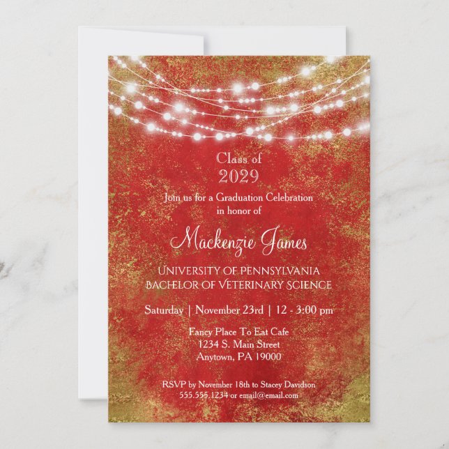 Red Gold Lights Graduation Party Invitation (Front)