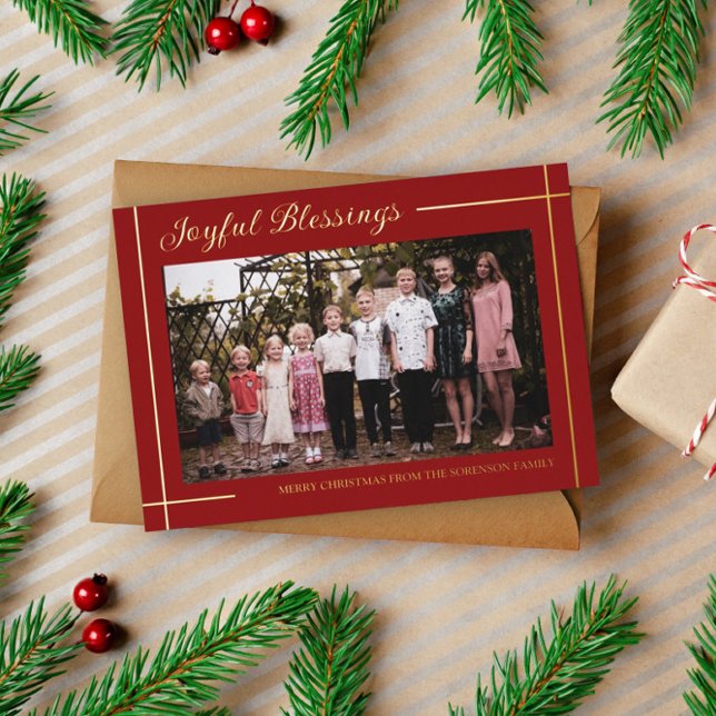 Red Gold Lines Joyful Blessings Photo Christmas Foil Holiday Card (Creator Uploaded)