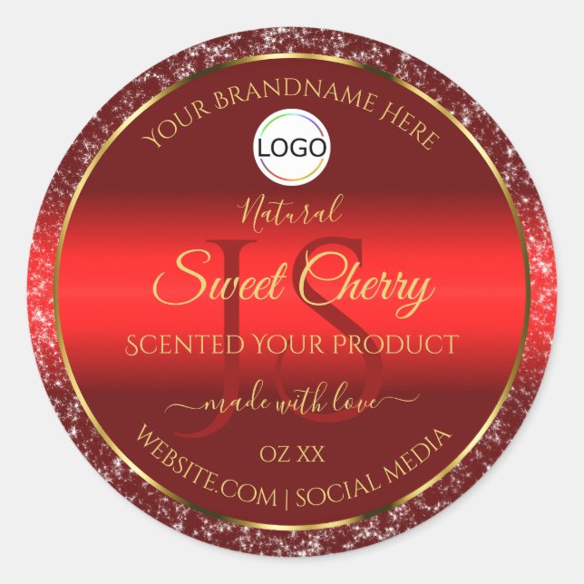 Red Gold Logo Initials Glitter Stars Product Label (Front)