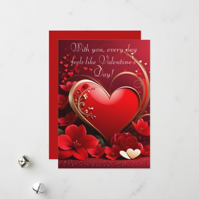 Red-Gold Love Heart Valentines Holiday Card (Front/Back In Situ)