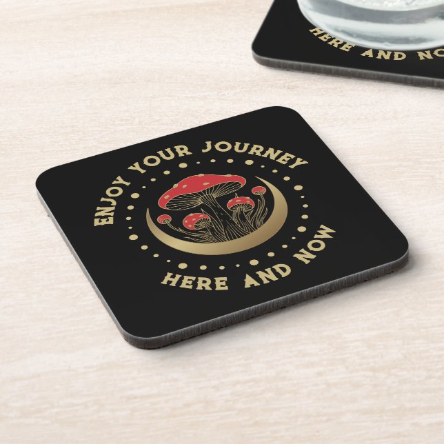 Red & Gold Magic Mushrooms Crescent Moon On Black Coaster (Left Side)