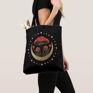 Red & Gold Magic Mushrooms Crescent Moon On Black Tote Bag