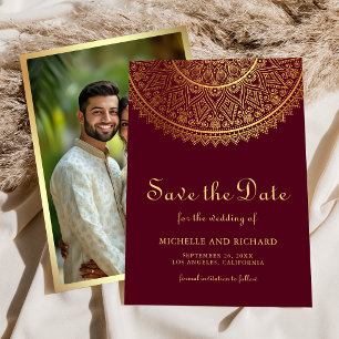 Red Gold Mandala Indian Wedding Photo Save The Date