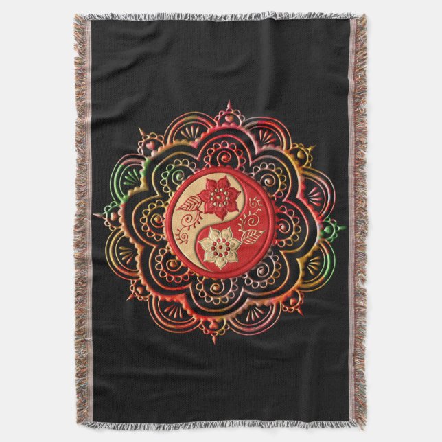 Red & Gold Mandala Throw Blanket (Front Vertical)