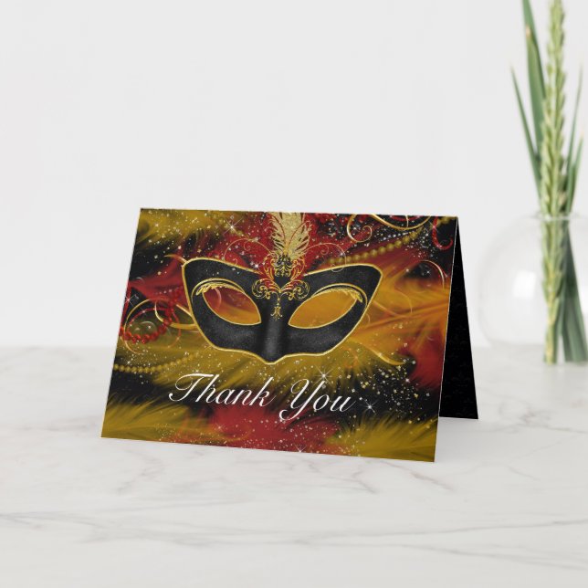 Red & Gold Mask Masquerade Thank You Card (Front)