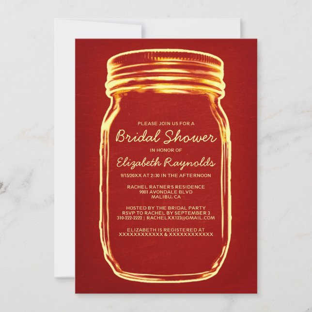 Red & Gold Mason Jar Bridal Shower Invitations (Front)