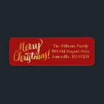 Red & Gold Merry Christmas Return Address Labels<br><div class="desc">Merry Christmas is written in a bold gold font on this return address label. Your name and address is then written to the right in yellow gold. The background is holiday red. Elegant and traditional deign will complement your Christmas cards or holiday party invitations.</div>