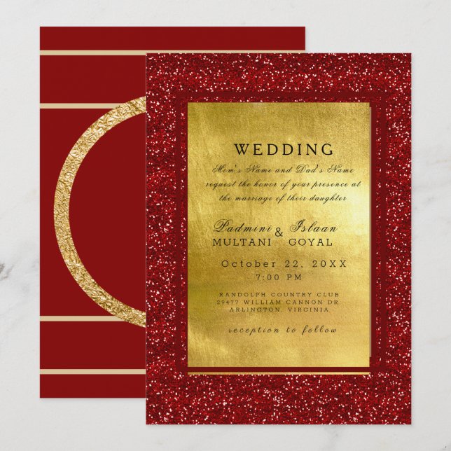 Red & Gold Metal Indian Style Wedding Invitation (Front/Back)