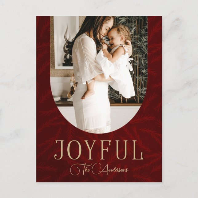 Red Gold Modern Botanical Arch Joyful Photo  Holiday Postcard (Front)