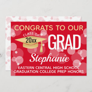 Red Gold Modern Confetti Bokeh Bubbles Graduation Invitation