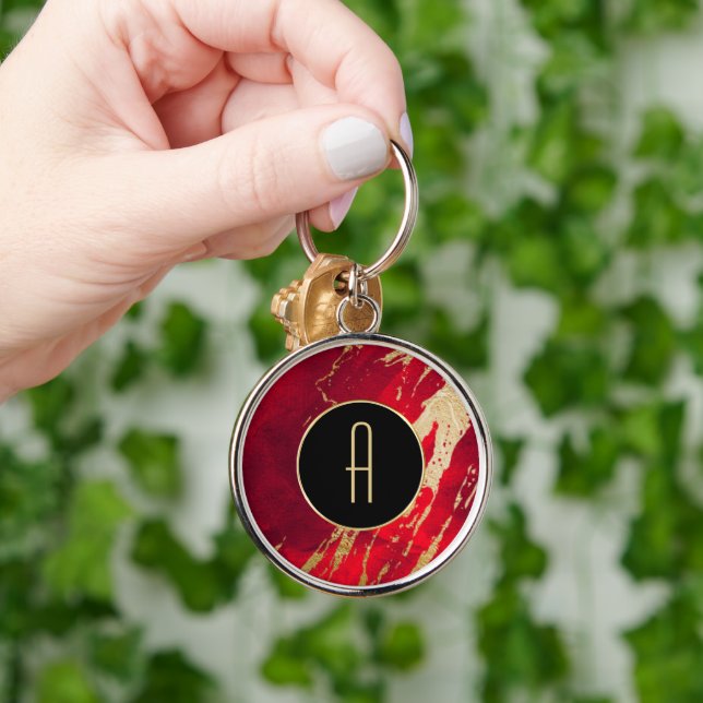 Red Gold Monogram Paint Splash Keychain (Hand)