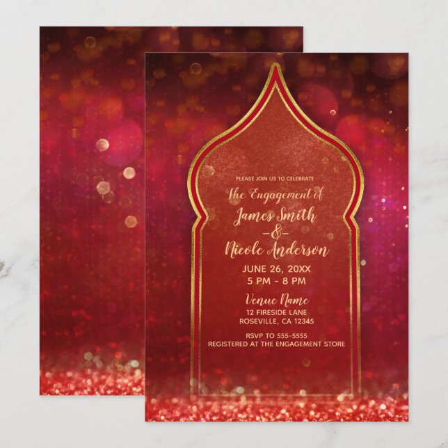 Red & Gold Moroccan Arabian Nights Engagement Invitation (Front/Back)