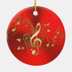 Red Gold Music Notes and Clef Christmas Ornament