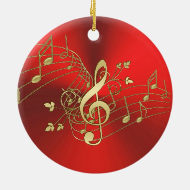 Red Gold Music Notes and Clef Christmas Ornament (Back)