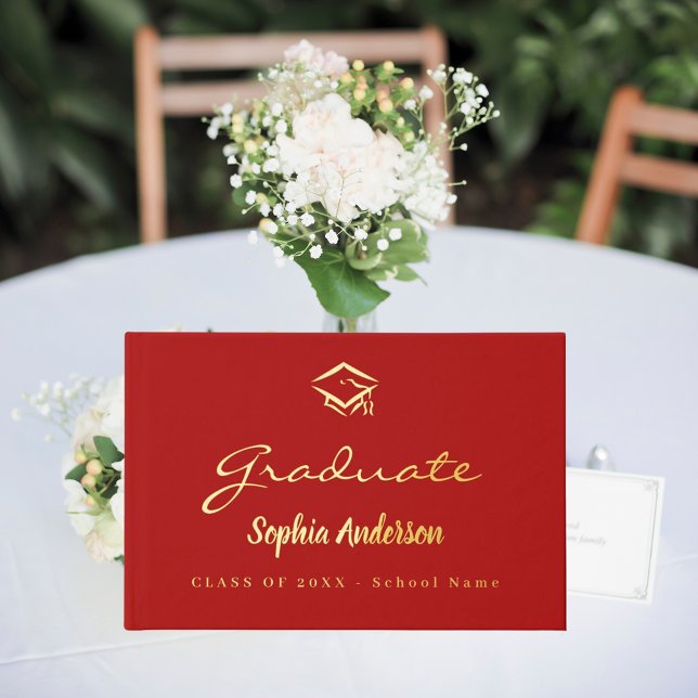 Red gold name script cap Graduation Guest Book (Creator Uploaded)