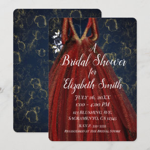 Red Gold & Navy Blue Glam Dress Bridal Shower Invitation