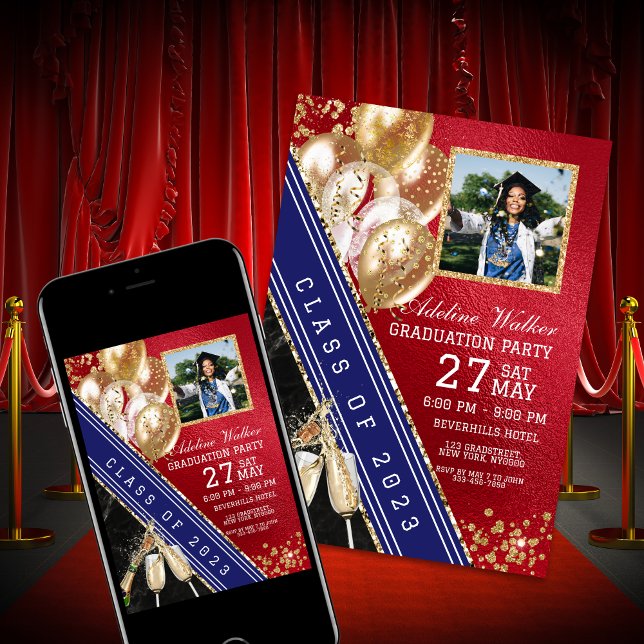Red Gold Navy Blue Graduation Party Invitation (Créateur téléchargé)
