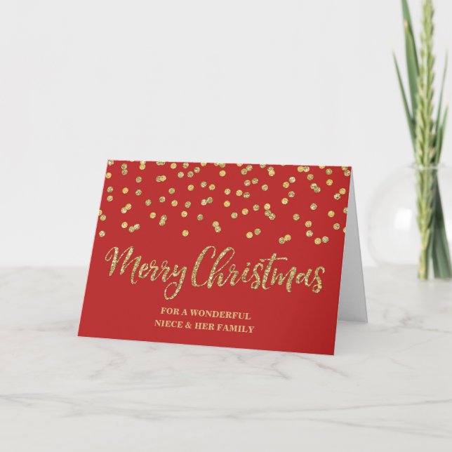 Red Gold Niece & Family Merry Christmas Card (Front)