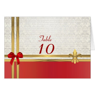 Red & gold on white damask table number