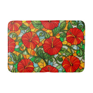 Red Gold Orange Hibiscus Faux Stained Glass Bath Mat