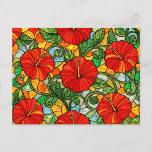 Red Gold Orange Hibiscus Faux Stained Glass Postcard