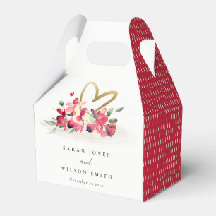 Red Gold Orchid Heart Floral Watercolor Wedding Favor Box