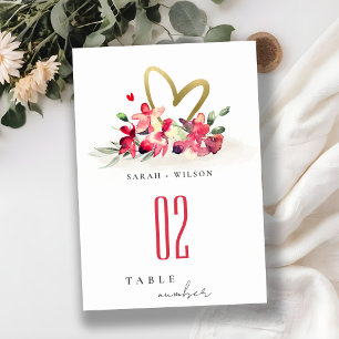 Red Gold Orchid Heart Floral Watercolor Wedding Table Number