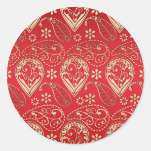 Red Gold Paisley Bandana Pattern Classic Round Sticker