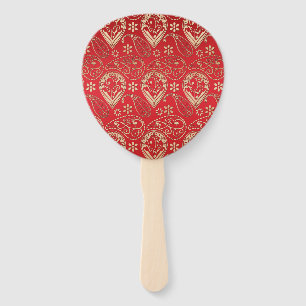 Red Gold Paisley Bandana Pattern Hand Fan