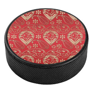 Red Gold Paisley Bandana Pattern Hockey Puck