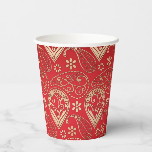 Red Gold Paisley Bandana Pattern Paper Cups (Back)