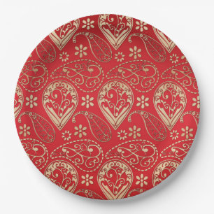 Red Gold Paisley Bandana Pattern Paper Plate
