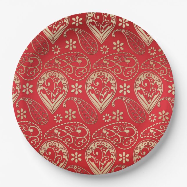 Red Gold Paisley Bandana Pattern Paper Plate (Front)