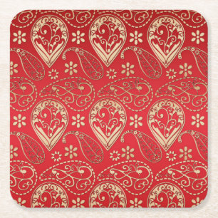 Red Gold Paisley Bandana Pattern Square Paper Coaster