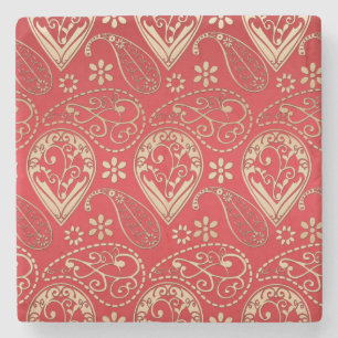 Red Gold Paisley Bandana Pattern Stone Coaster