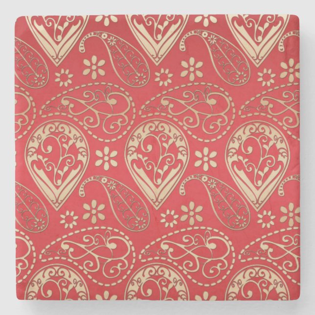 Red Gold Paisley Bandana Pattern Stone Coaster (Front)