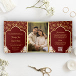 Red Gold Paisley Floral QR Code Indian Wedding Tri-Fold Invitation<br><div class="desc">Amaze your guests with this elegant wedding invite featuring beautiful paisley pattern and cream flowers with QR Code for online RSVP or venue location. Simply add your event details on this easy-to-use template and adorn this card with your favourite photos to make it a one-of-a-kind invitation.</div>