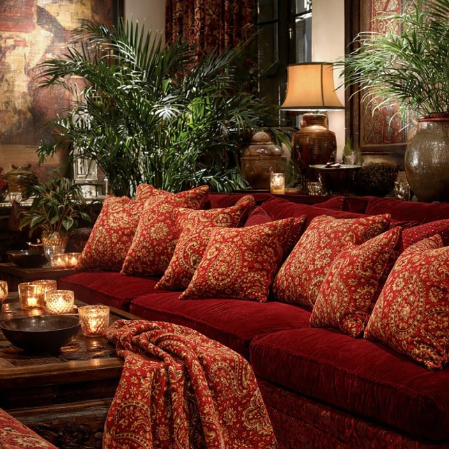 Red & Gold Paisley Toss Throw - Interior Decor Blanket (Red & Gold Paisley pattern toss pillows and toss throw. )