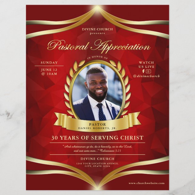 Red Gold Pastoral Appreciation Church Service Flyer (Front)